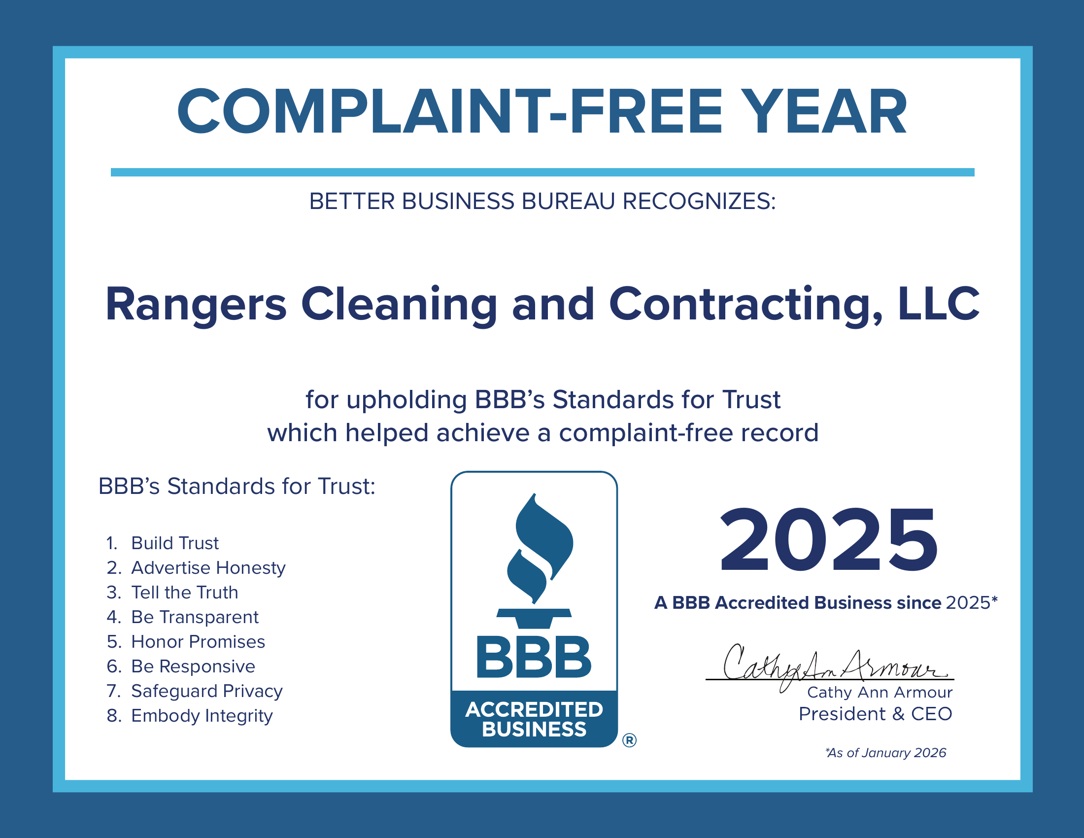BBB Complaint-Free Year 2023 Certificate awarded to Rangers Cleaning and Contracting, LLC